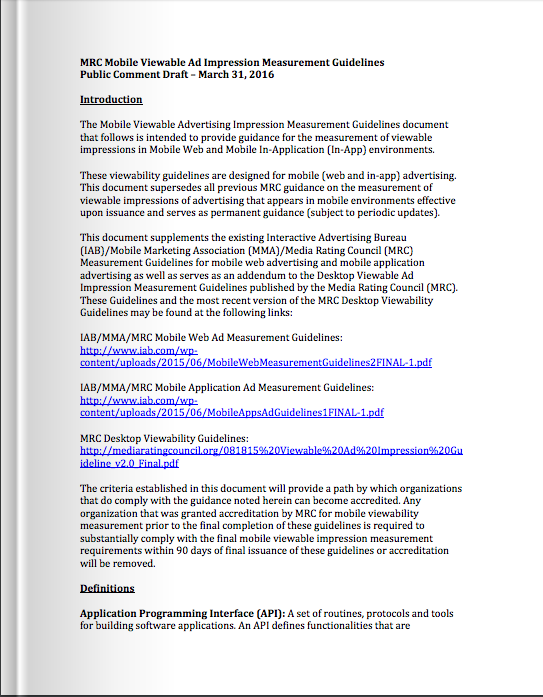 Mobile Viewable Impression Measurement Guidelines for Public Comment